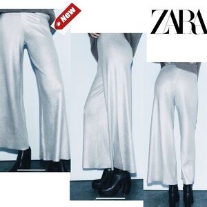 ZARA KNIT METALLIC FOIL SILVER WIDE LEG TROUSERS  PANTS BNWT Sz M Bloggers Fave